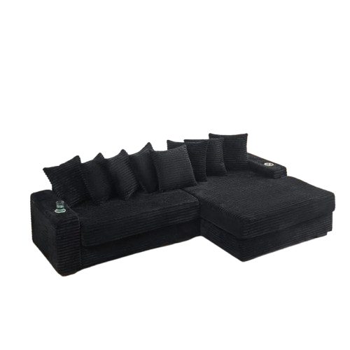 111.4 " Black corduroy sofa, armrest with cup holder and storage function, recliner can be changed left and right, suitable for living room bedroom lounge area