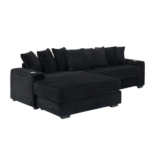 111.4 " Black corduroy sofa, armrest with cup holder and storage function, recliner can be changed left and right, suitable for living room bedroom lounge area