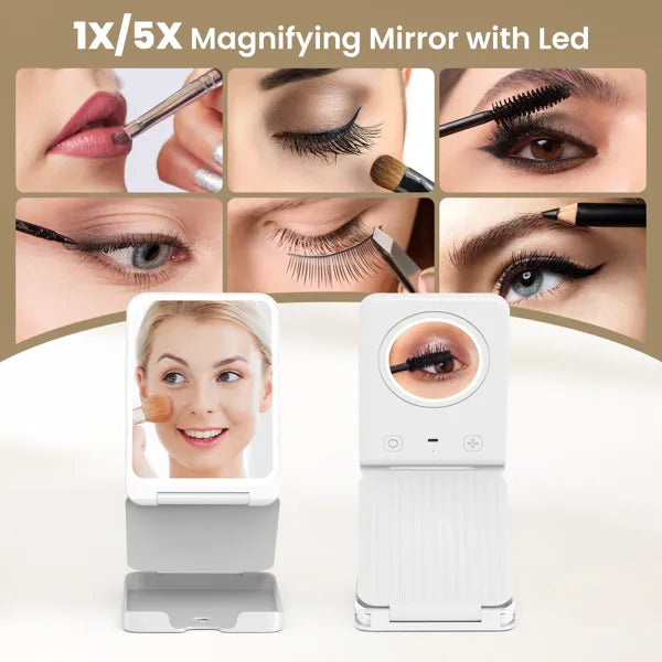 Travel Makeup Mirror with Lights, Portable 1X Vanity Mirror with 5X Lighted Magnification,72 LEDs 3 Color Lights, Rechargeable 1000mAh Battery, Freely Adjust Height and Angle( banned by Amazon)