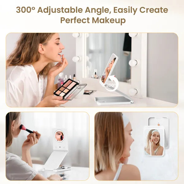 Travel Makeup Mirror with Lights, Portable 1X Vanity Mirror with 5X Lighted Magnification,72 LEDs 3 Color Lights, Rechargeable 1000mAh Battery, Freely Adjust Height and Angle( banned by Amazon)