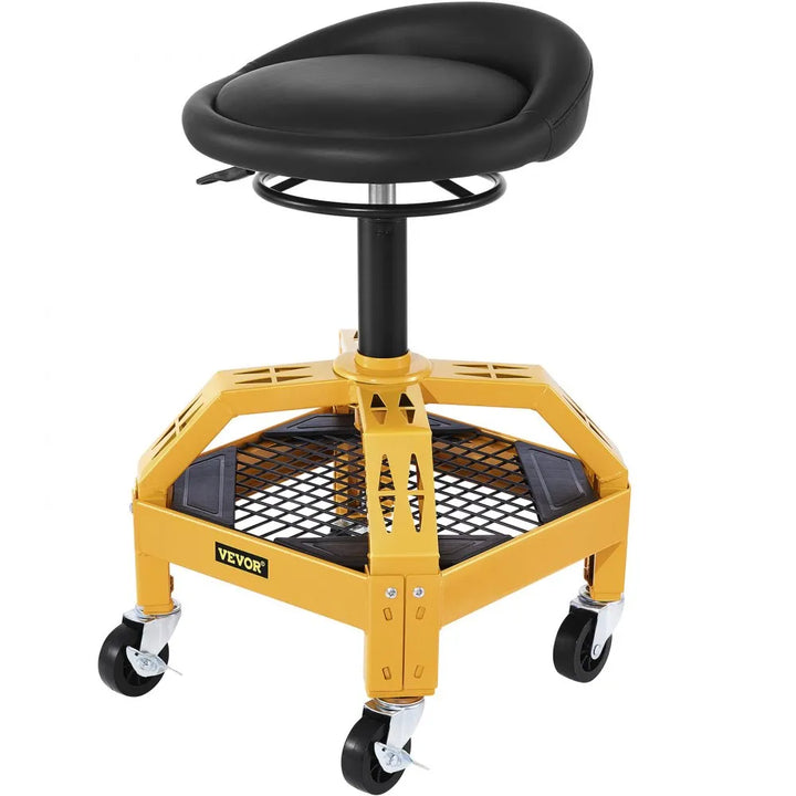 VEVOR Rolling Garage Stool, 300LBS Capacity, Adjustable Height from 18 in to 23 in, 360-degree Swivel Wheels (4\"), Large Tool Tray with Two Bottle Holder, for Workshop, Auto Repair Shop, Red