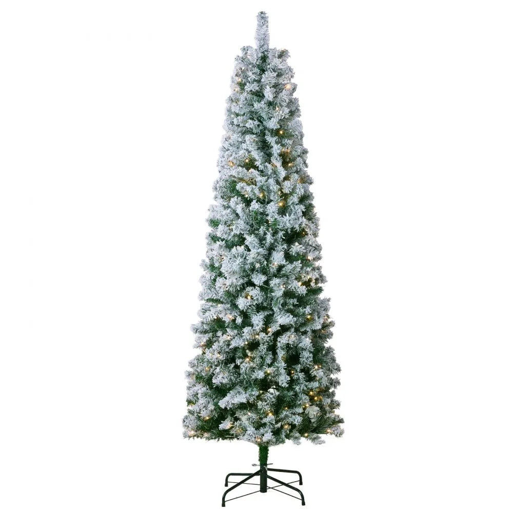 VEVOR Christmas Tree, 6.5ft Prelit Flocked Artificial Tree, Full Holiday Xmas Tree with 250 White LED Lights, 814 Branch Tips, Metal Base for Home Party Office Decoration