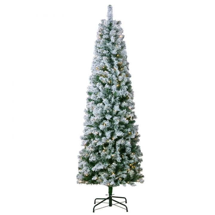 VEVOR Christmas Tree, 6.5ft Prelit Flocked Artificial Tree, Full Holiday Xmas Tree with 250 White LED Lights, 814 Branch Tips, Metal Base for Home Party Office Decoration
