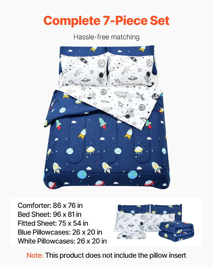 VEVOR Space Adventure 7-Piece Kids Comforter Set - Reversible Twin Bedding with Glow-in-the-Dark Elements