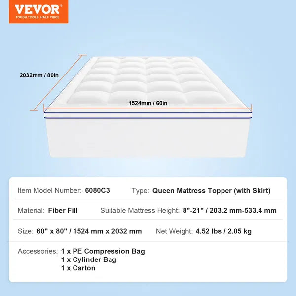 VEVOR Mattress Topper Fiber Fill Detachable & Washable Queen Size 1 in Thickness