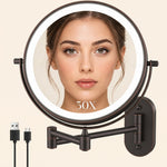 Round wall mounted LED makeup mirror in brushed nickel with illuminated ring light and extendable arm