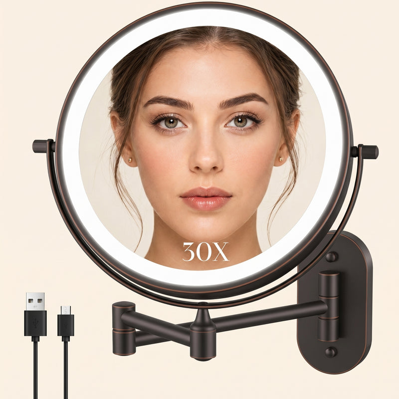 Round wall mounted LED makeup mirror in brushed nickel with illuminated ring light and extendable arm