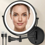 Round wall mounted LED makeup mirror in brushed nickel with illuminated ring light and extendable arm