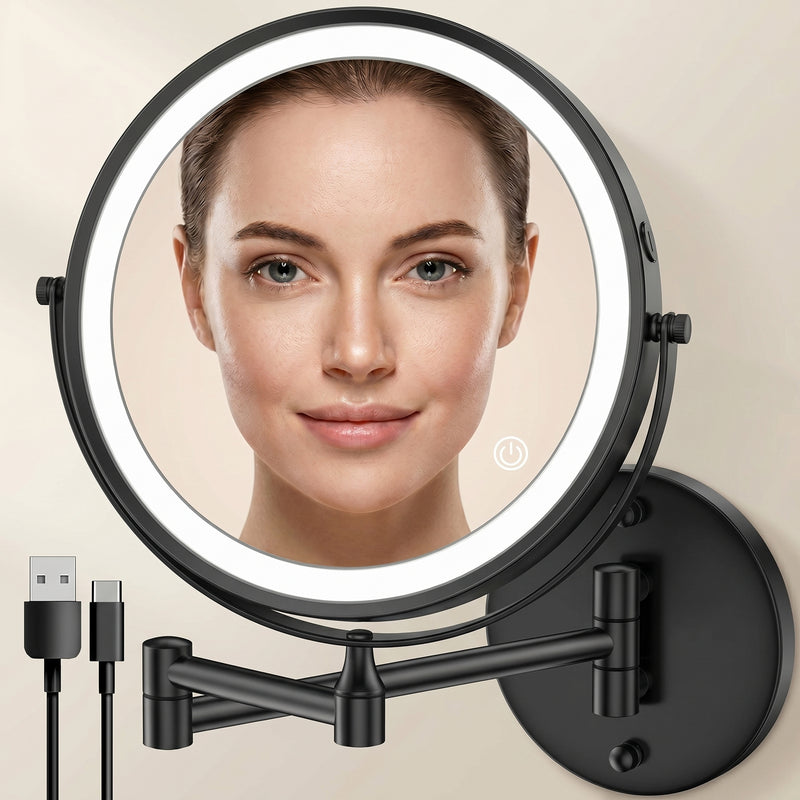 Round wall mounted LED makeup mirror in brushed nickel with illuminated ring light and extendable arm