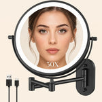 Round wall mounted LED makeup mirror in brushed nickel with illuminated ring light and extendable arm