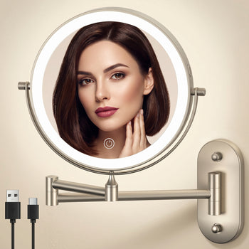 Round wall mounted LED makeup mirror in brushed nickel with illuminated ring light and extendable arm