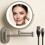 Round wall mounted LED makeup mirror in brushed nickel with illuminated ring light and extendable arm