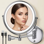 Round wall mounted LED makeup mirror in brushed nickel with illuminated ring light and extendable arm