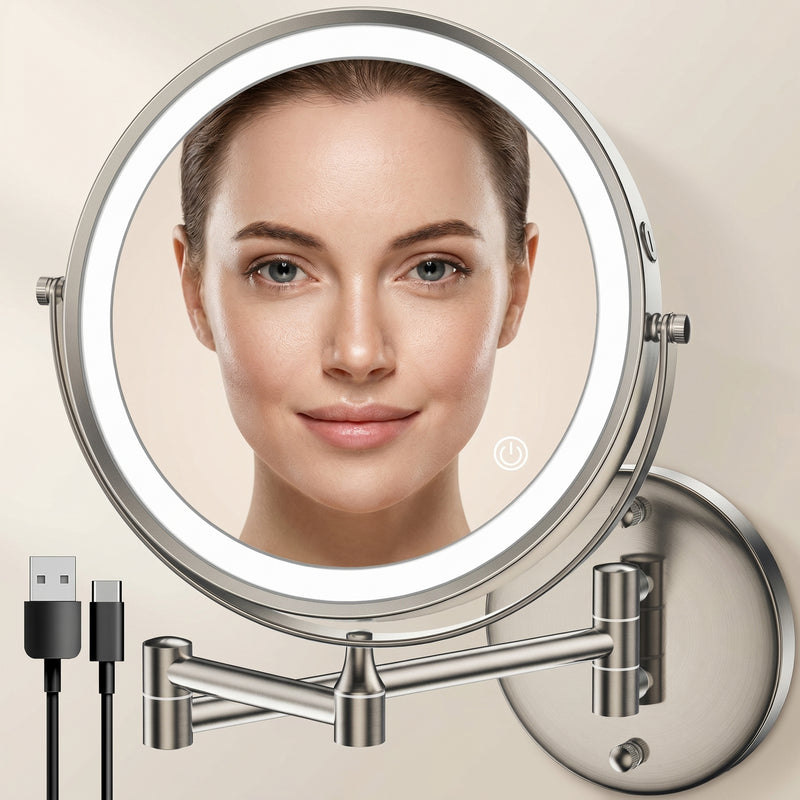 Round wall mounted LED makeup mirror in brushed nickel with illuminated ring light and extendable arm