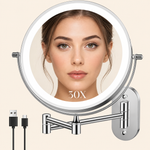 Round wall mounted LED makeup mirror in brushed nickel with illuminated ring light and extendable arm