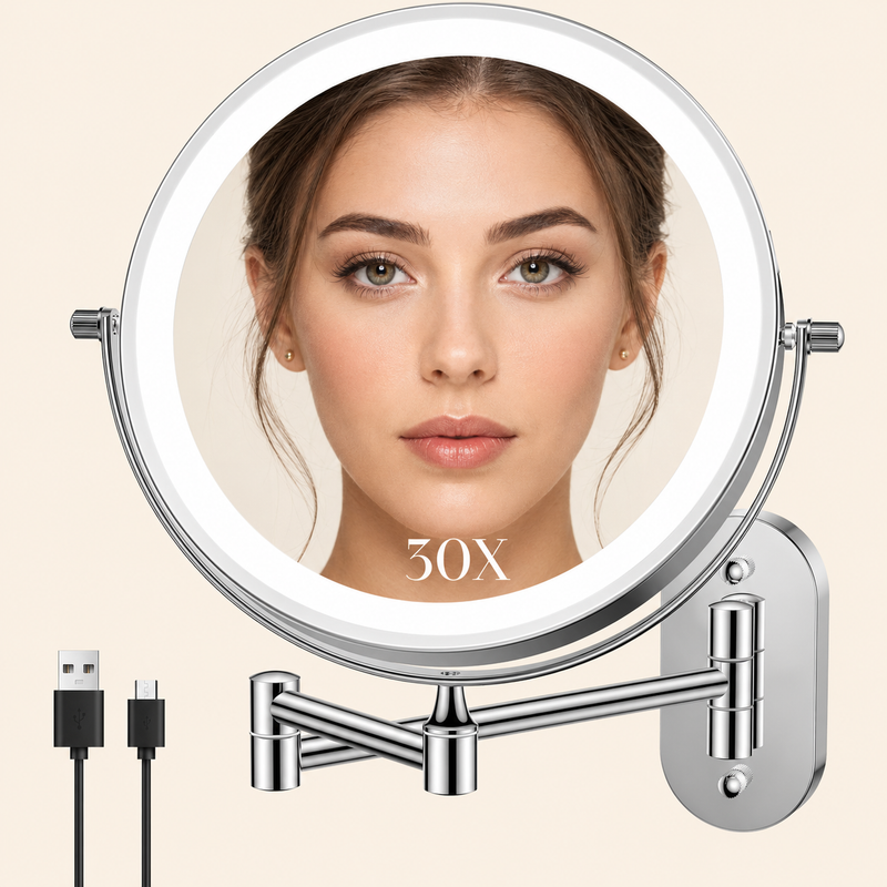Round wall mounted LED makeup mirror in brushed nickel with illuminated ring light and extendable arm