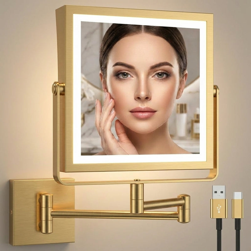 Chrome wall-mounted LED makeup mirror with lit halo lighting