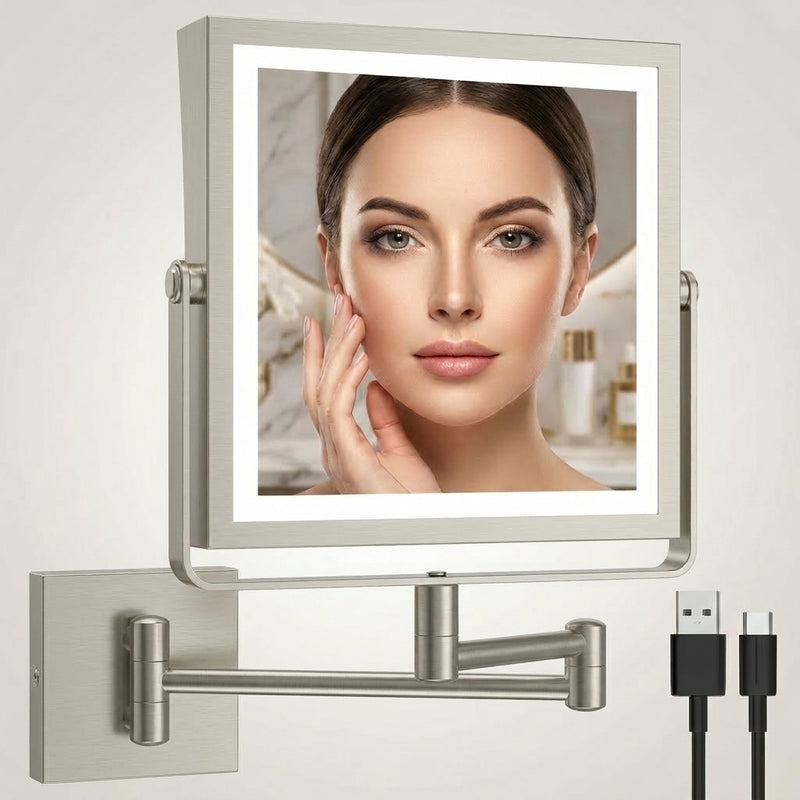 Chrome wall-mounted LED makeup mirror with lit halo lighting