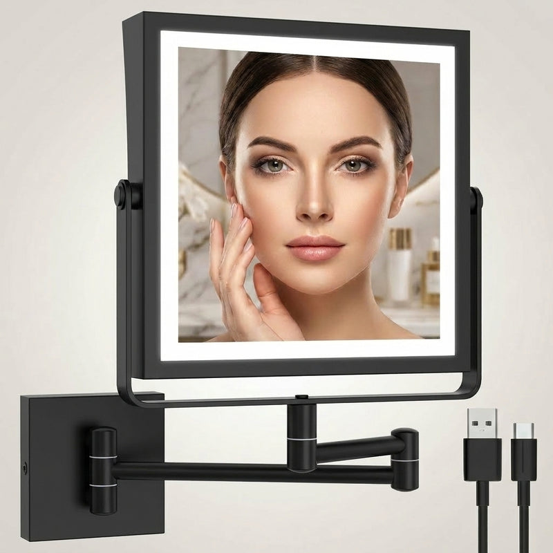 Chrome wall-mounted LED makeup mirror with lit halo lighting