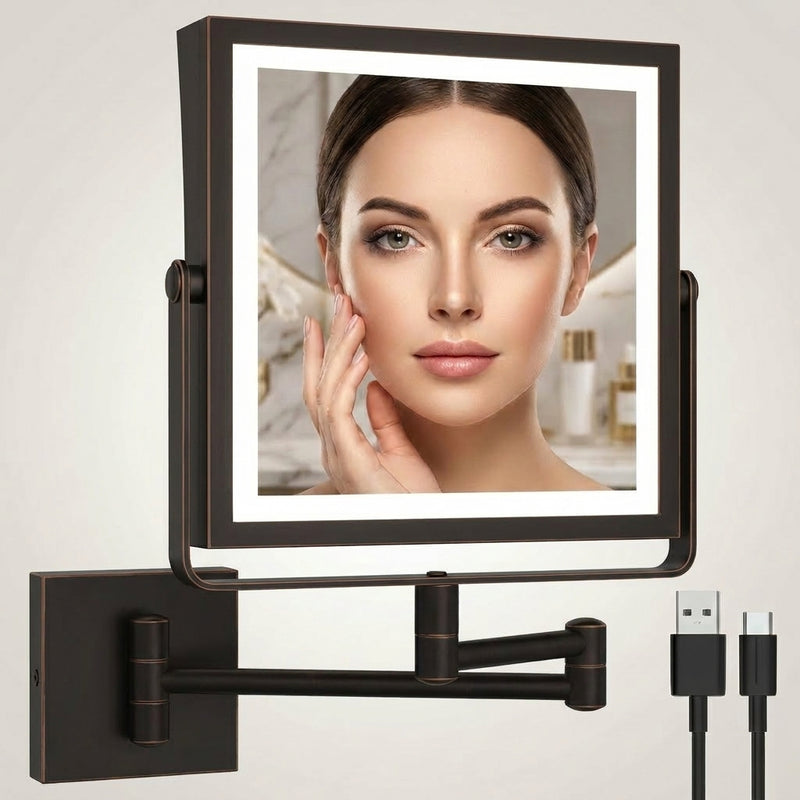 Chrome wall-mounted LED makeup mirror with lit halo lighting