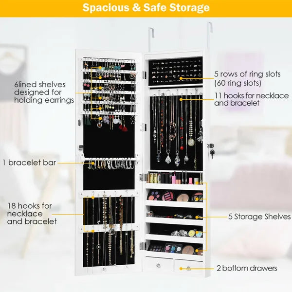 Wall Mounted Lockable Mirror Jewelry Cabinet with LED Light