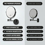 Diagram showing 360 degree swivel and rotation range of a wall-mounted mirror arm
