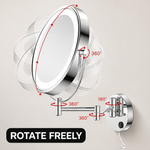 Diagram showing 360 degree swivel and rotation range of a wall-mounted mirror arm