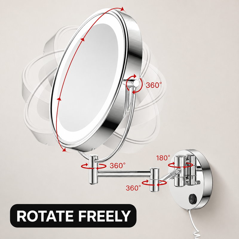 Diagram showing 360 degree swivel and rotation range of a wall-mounted mirror arm