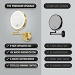 Diagram showing 360 degree swivel and rotation range of a wall-mounted mirror arm