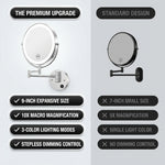 Diagram showing 360 degree swivel and rotation range of a wall-mounted mirror arm