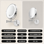 10X magnification wall-mounted mirror compared to a 5X mirror by size and lighting