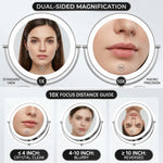 10X magnification wall-mounted mirror compared to a 5X mirror by size and lighting