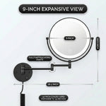 Dimension diagram of a 9 inch wall-mounted magnifying mirror showing arm extension and cord length