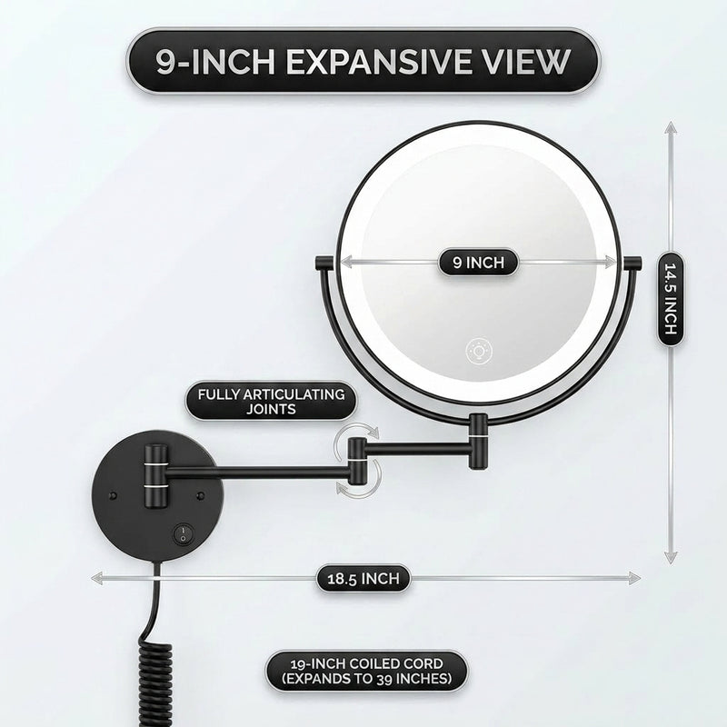 Dimension diagram of a 9 inch wall-mounted magnifying mirror showing arm extension and cord length