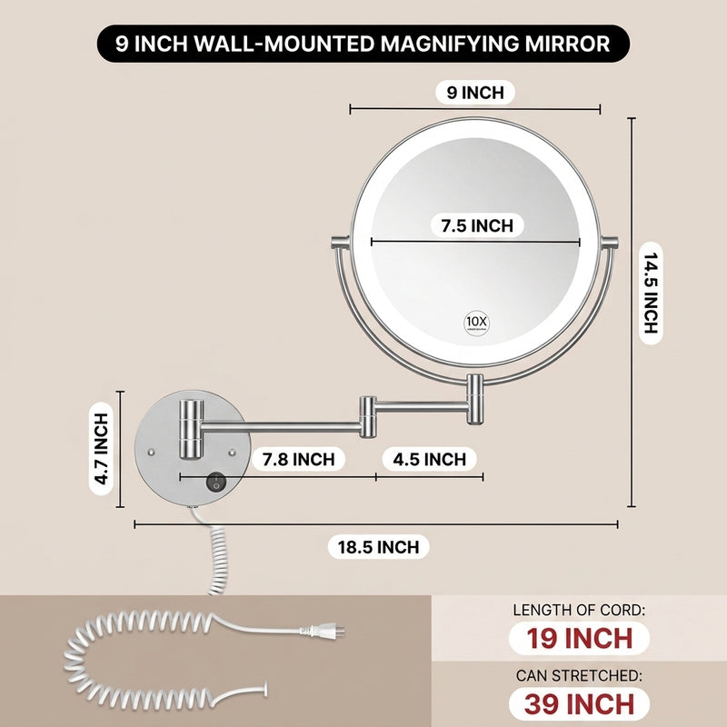 Dimension diagram of a 9 inch wall-mounted magnifying mirror showing arm extension and cord length