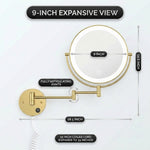 Dimension diagram of a 9 inch wall-mounted magnifying mirror showing arm extension and cord length