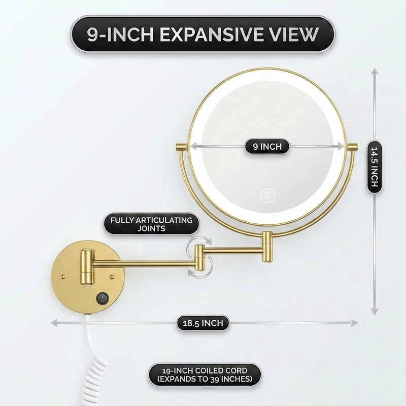 Dimension diagram of a 9 inch wall-mounted magnifying mirror showing arm extension and cord length