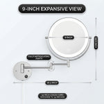 Dimension diagram of a 9 inch wall-mounted magnifying mirror showing arm extension and cord length