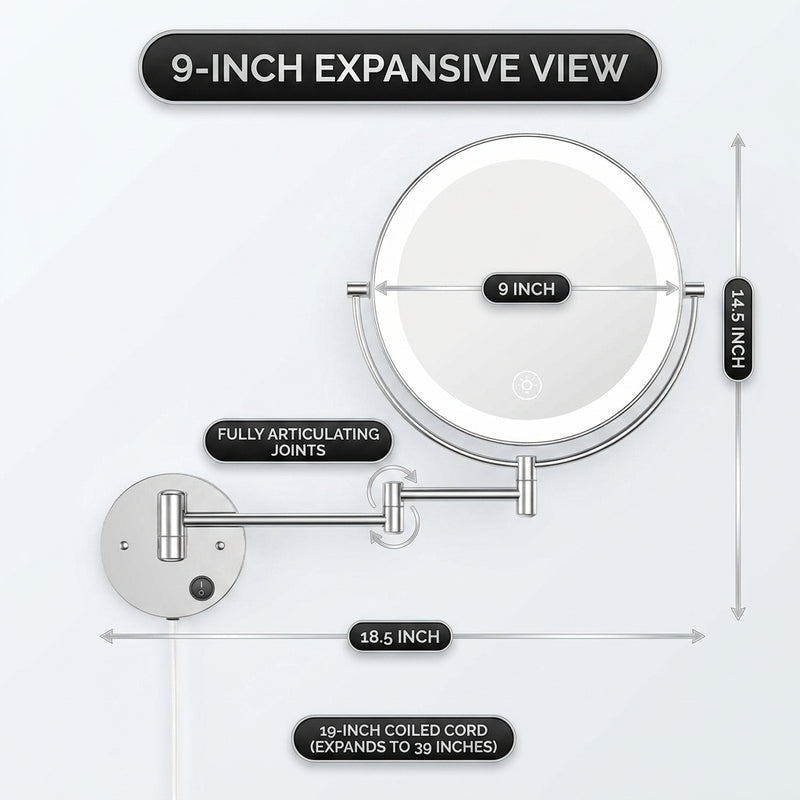 Dimension diagram of a 9 inch wall-mounted magnifying mirror showing arm extension and cord length