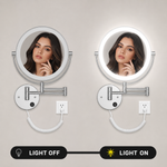 Wall-mounted magnifying mirror shown with LED light off and on, plugged into a wall outlet