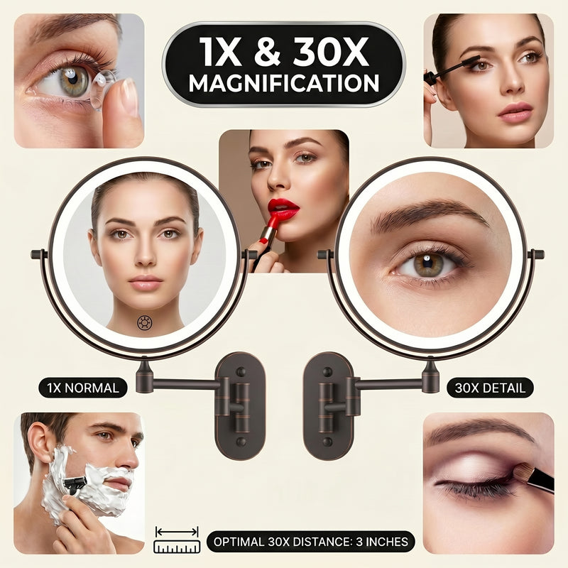 Side-by-side 1X and 10X magnification comparison on the wall mounted makeup mirror for precision grooming
