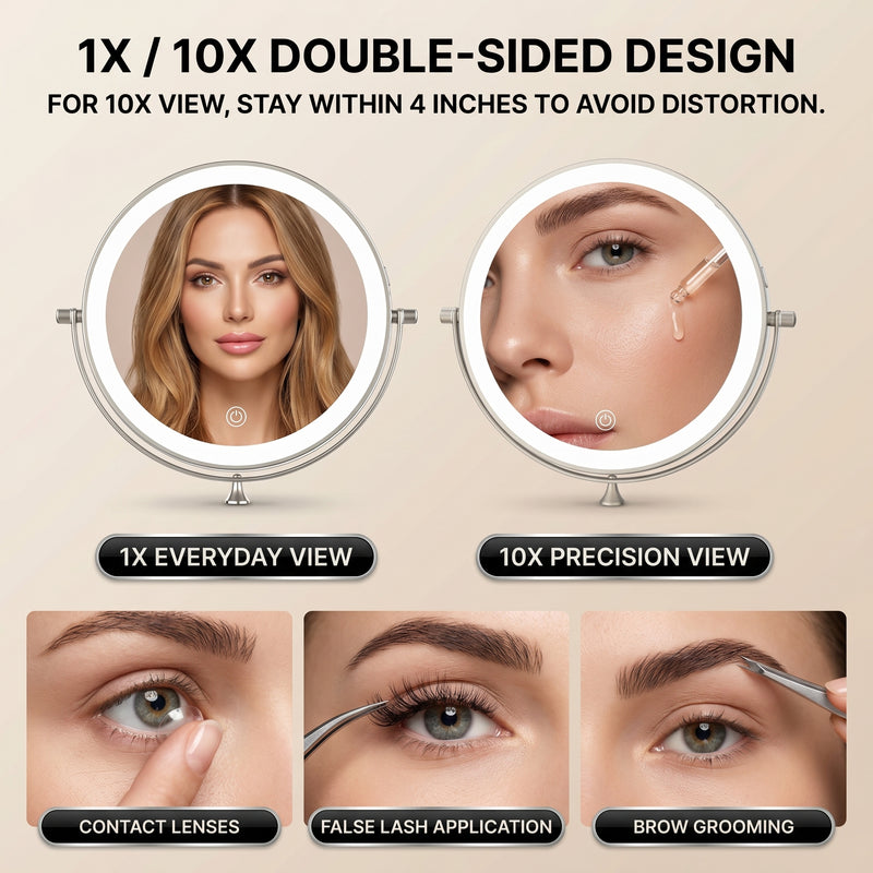 Side-by-side 1X and 10X magnification comparison on the wall mounted makeup mirror for precision grooming