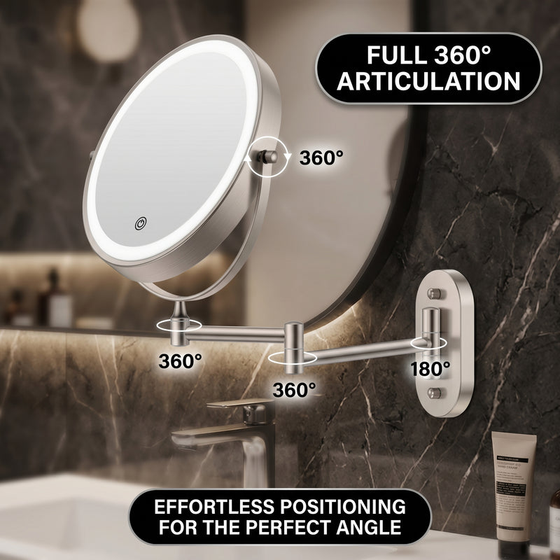 Side-by-side 1X and 10X magnification comparison on the wall mounted makeup mirror for precision grooming