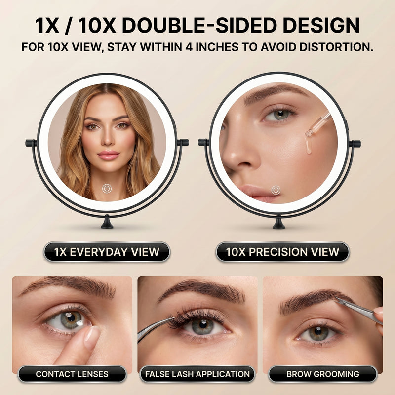 Side-by-side 1X and 10X magnification comparison on the wall mounted makeup mirror for precision grooming