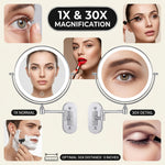 Side-by-side 1X and 10X magnification comparison on the wall mounted makeup mirror for precision grooming