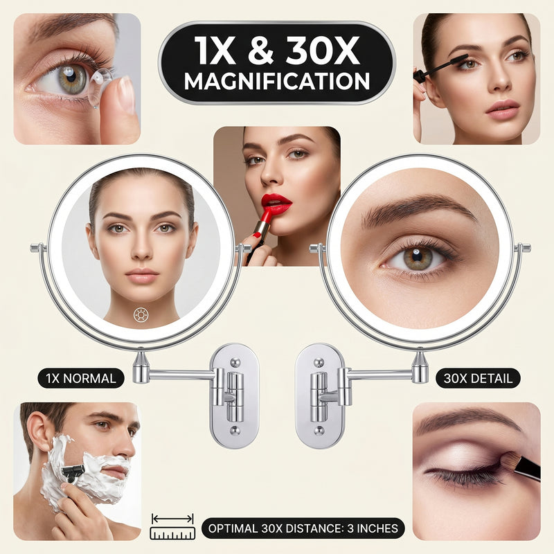 Side-by-side 1X and 10X magnification comparison on the wall mounted makeup mirror for precision grooming
