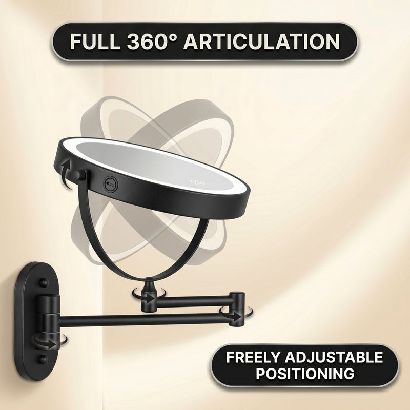 Wall mounted LED makeup mirror showing white, natural, and warm light modes with adjustable brightness