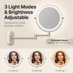 Wall mounted LED makeup mirror showing white, natural, and warm light modes with adjustable brightness