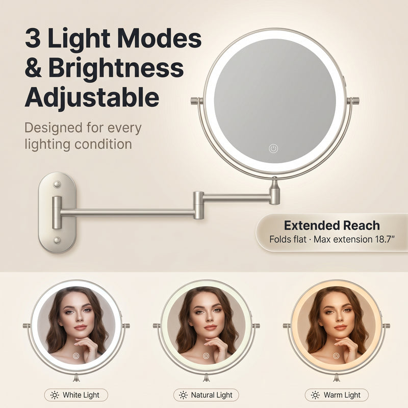 Wall mounted LED makeup mirror showing white, natural, and warm light modes with adjustable brightness