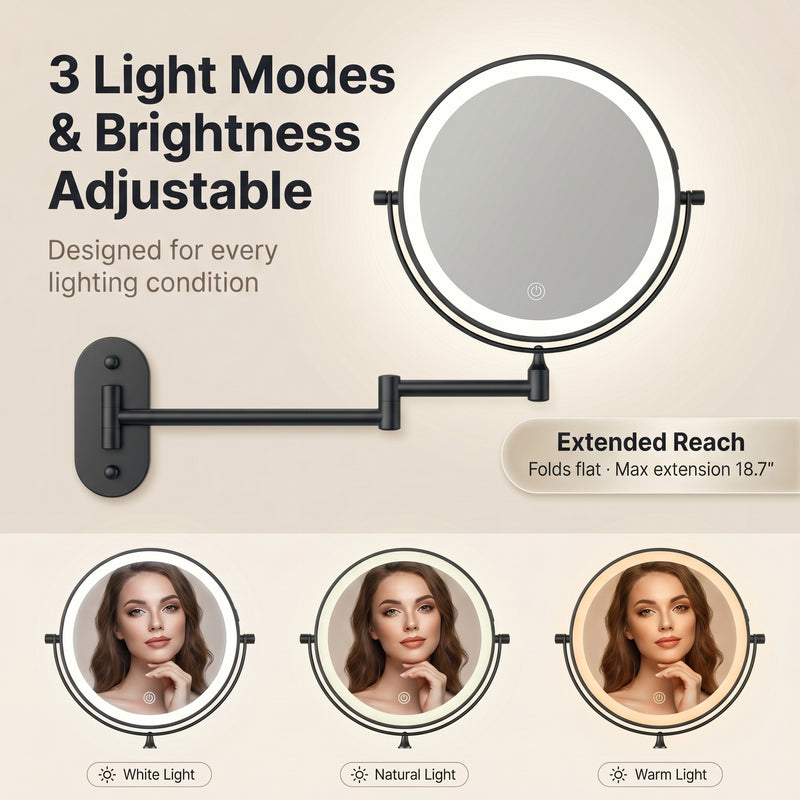 Wall mounted LED makeup mirror showing white, natural, and warm light modes with adjustable brightness